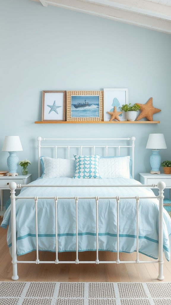 A coastal retreat bedroom featuring a whitewashed metal bed frame with blue bedding and beach-themed decor.