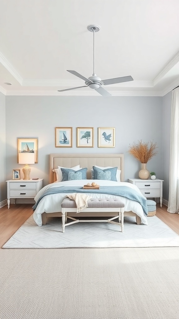 A serene coastal-themed bedroom with light blue walls, white bedding, and nautical artwork.