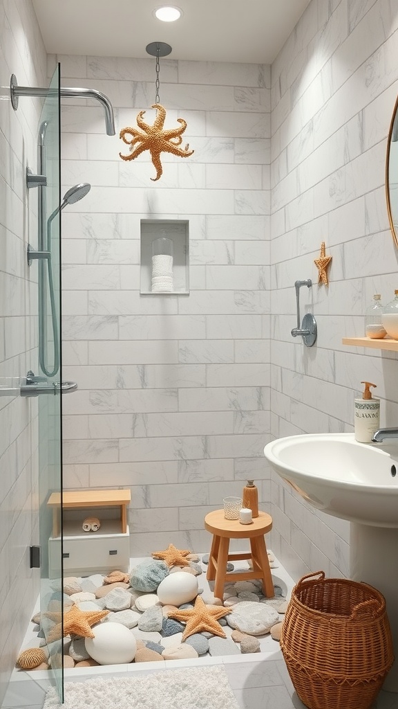 A coastal-themed shower with stone flooring, starfish decor, and a natural light ambiance.