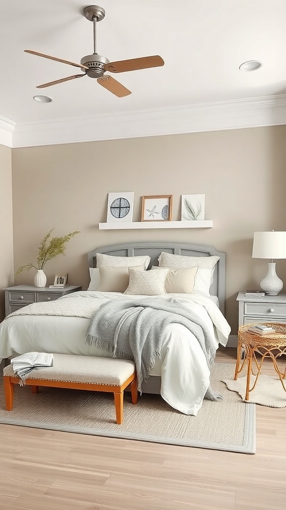 A cozy taupe bedroom featuring a comfortable bed with layered bedding, a wooden fan, and coastal-themed decor.