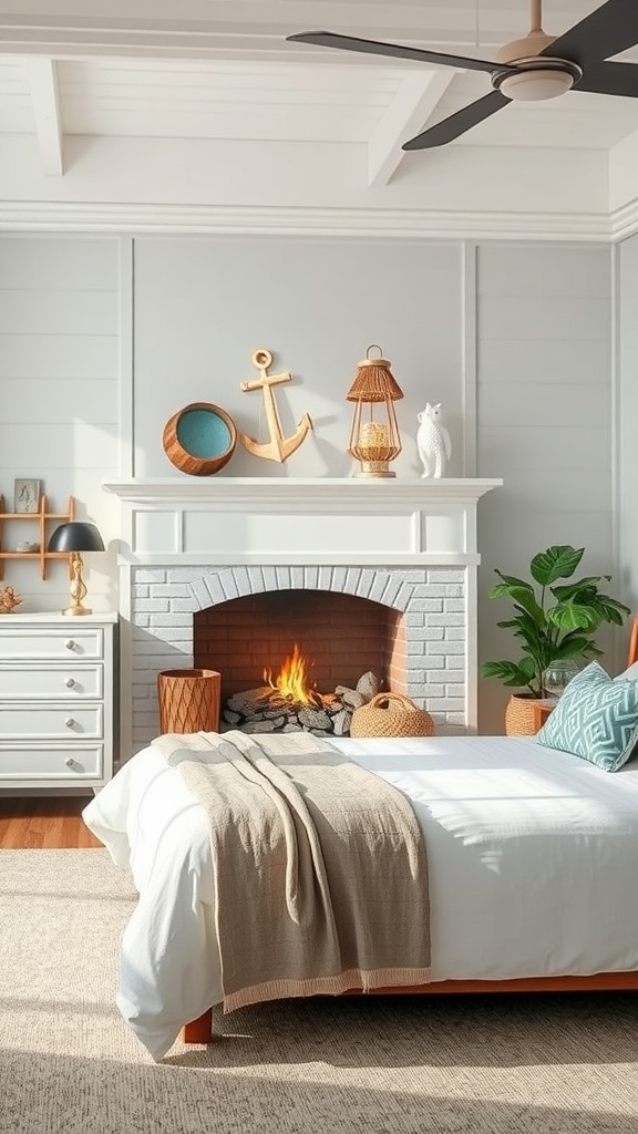 Coastal themed bedroom with a faux fireplace, nautical decor, and a cozy bed.