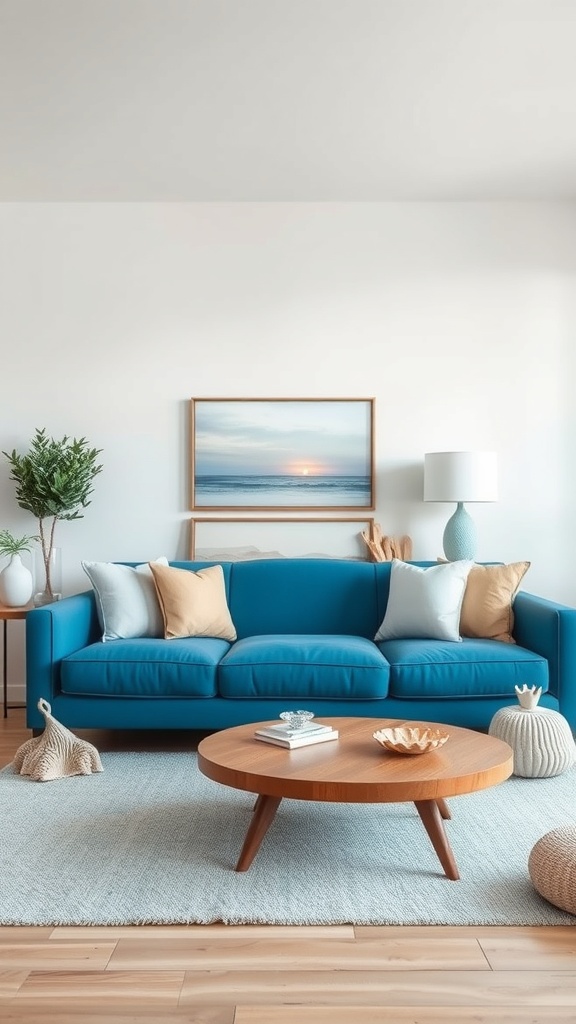 A bright blue sofa in a coastal-themed living room with wooden coffee table and ocean artwork.