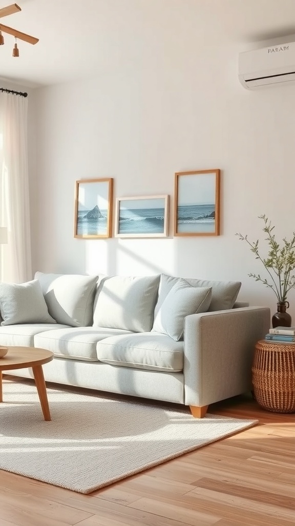 A light grey couch in a bright living room with coastal decor.