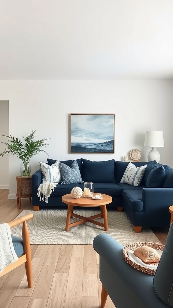 Living room featuring a navy blue sofa, light wood flooring, and coastal decor.