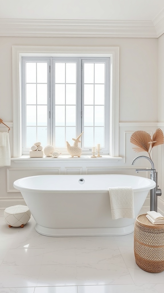 A bright bathroom featuring a freestanding bathtub, natural decor, and coastal elements.