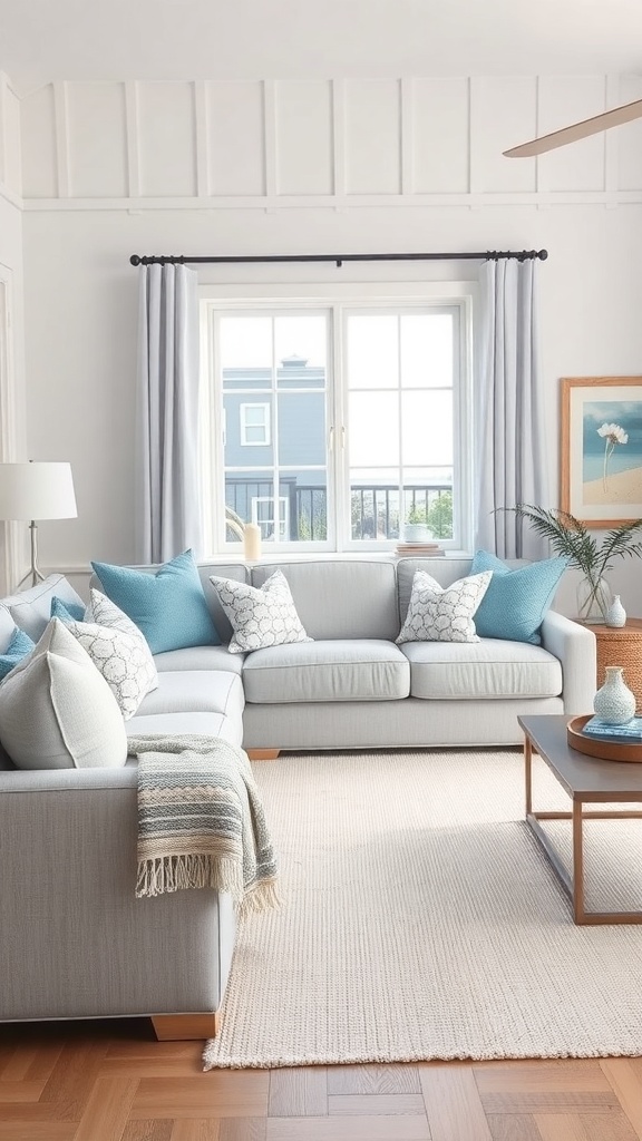 A light gray couch in a bright living room with soft blue pillows, natural light, and coastal decor.
