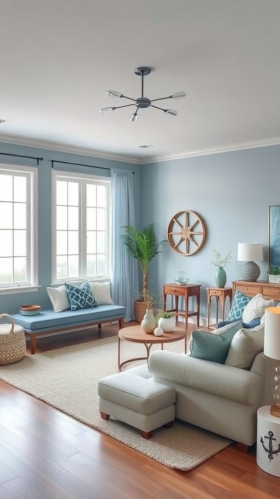 A cozy living room featuring soft blue walls, light-colored furniture, and coastal decor.