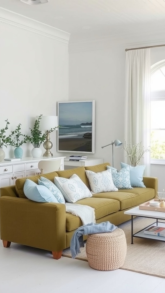 Coastal living room featuring an olive green couch with light blue pillows, a coffee table, and beach-themed decor.