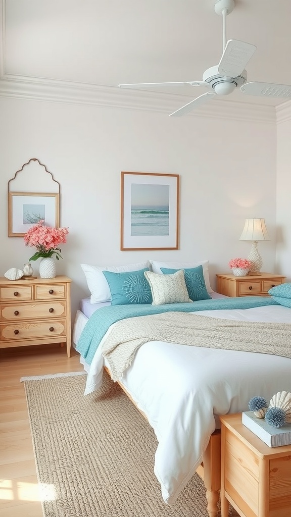 A bright and airy bedroom with turquoise decor, featuring a cozy bed, wooden furniture, and coastal-themed artwork.