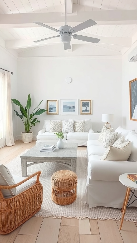 A bright white living room with coastal decor, featuring a comfortable sofa, wooden coffee table, and potted plants.
