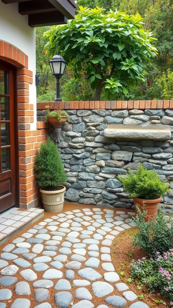 A rustic cobblestone wall is shown alongside a pathway and plants, creating a cozy backyard setting.