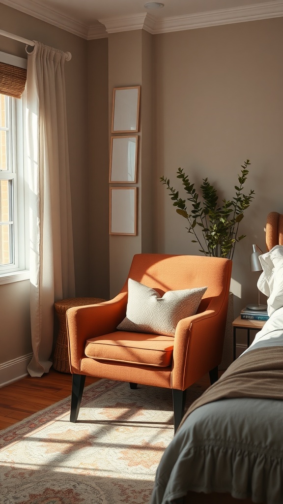 Cocoa brown accent chair in a cozy bedroom setting
