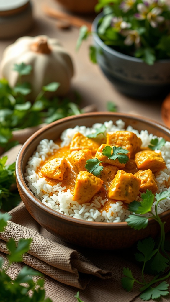 A bowl of coconut curry chicken served over jasmine rice, garnished with fresh herbs.