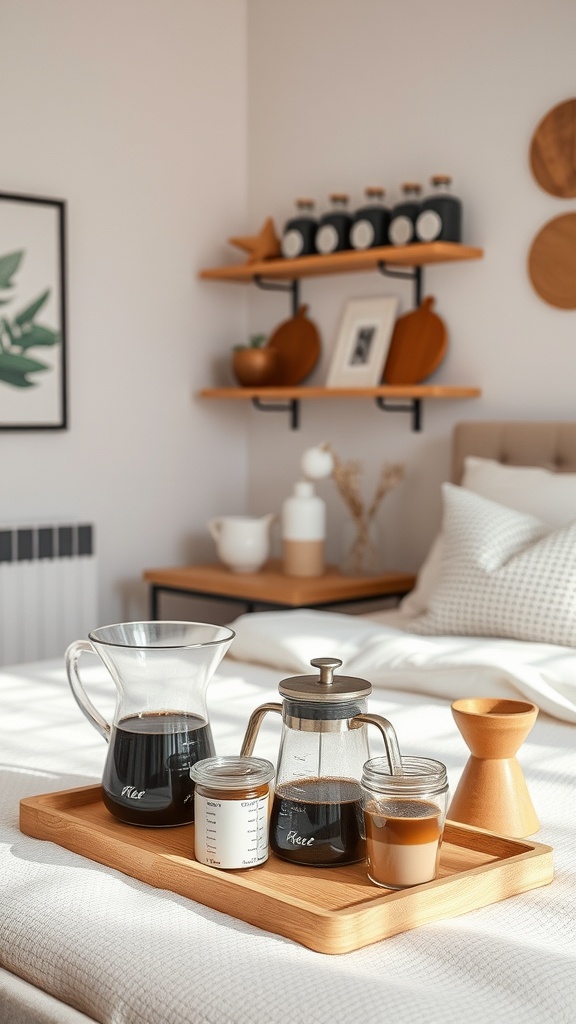 A cozy kitchen coffee station with a wooden tray holding a glass carafe, French press, and jars of coffee.