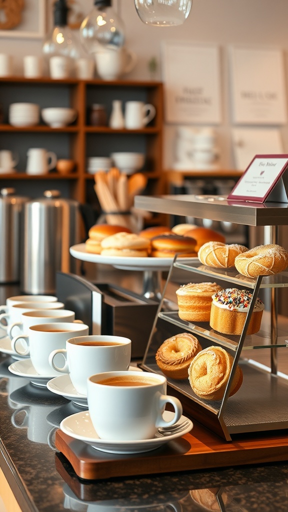 A coffee station featuring multiple cups of coffee and a variety of pastries on display.