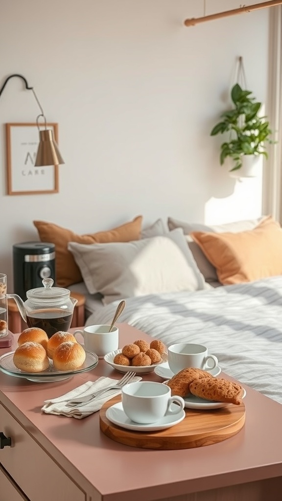 A cozy coffee station with coffee, rolls, and sweet treats on a bedside table.