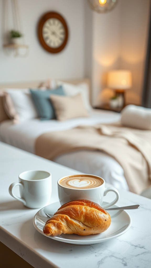 A cozy kitchen counter with a cup of latte art, a small cup, and a croissant on a plate.