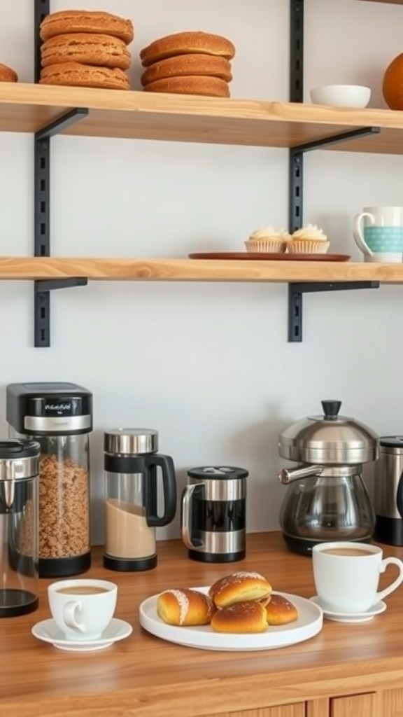 A coffee and pastry station featuring cakes, cupcakes, and coffee makers on wooden shelves.