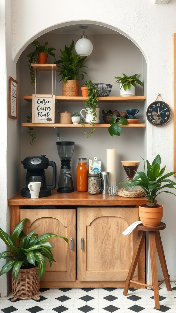 A coffee bar set up in a cozy corner with wooden shelves, plants, and a coffee maker.