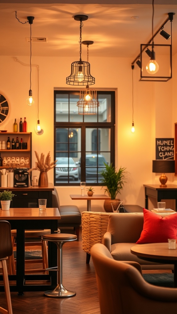 A cozy coffee bar with pendant lights, warm tones, and a large window.