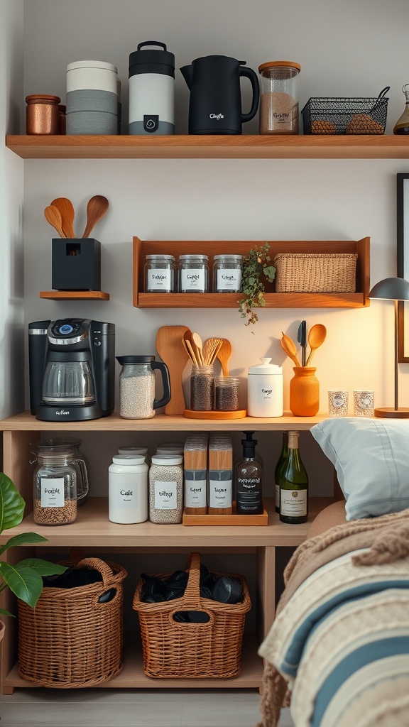 A well-organized coffee bar setup in a small space, featuring shelves with jars, a coffee maker, and decorative items.