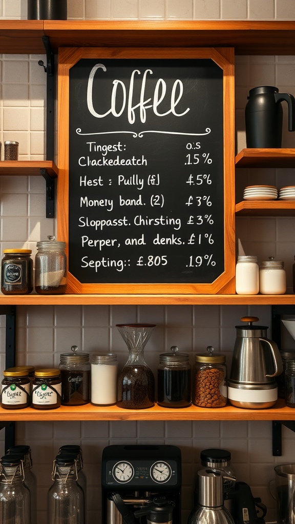 A cozy coffee bar featuring a chalkboard menu displaying various coffee options and prices, with shelves stocked with jars and coffee essentials.