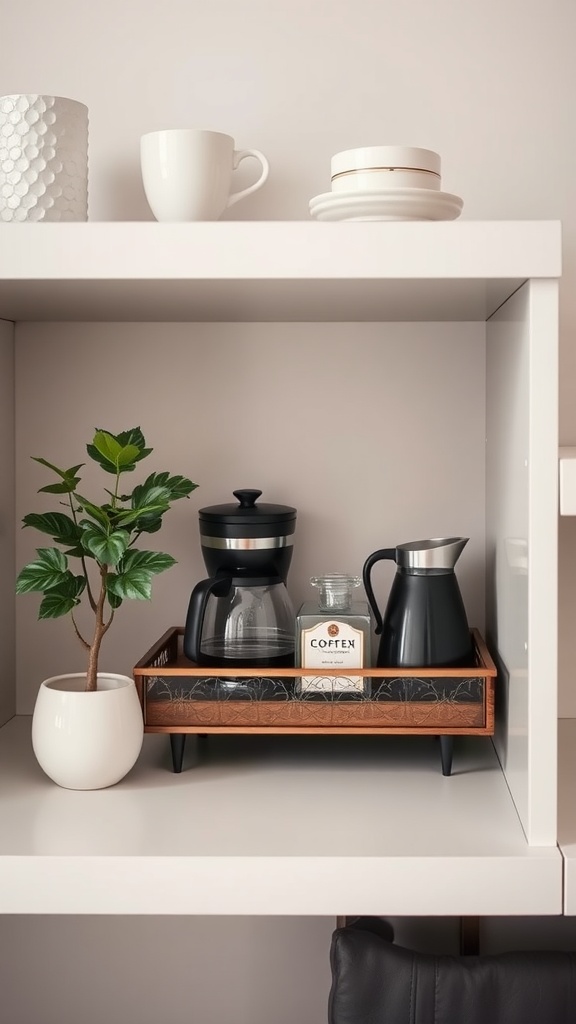 A decorated coffee bar shelf featuring a coffee maker, carafe, and a small plant on a decorative tray.