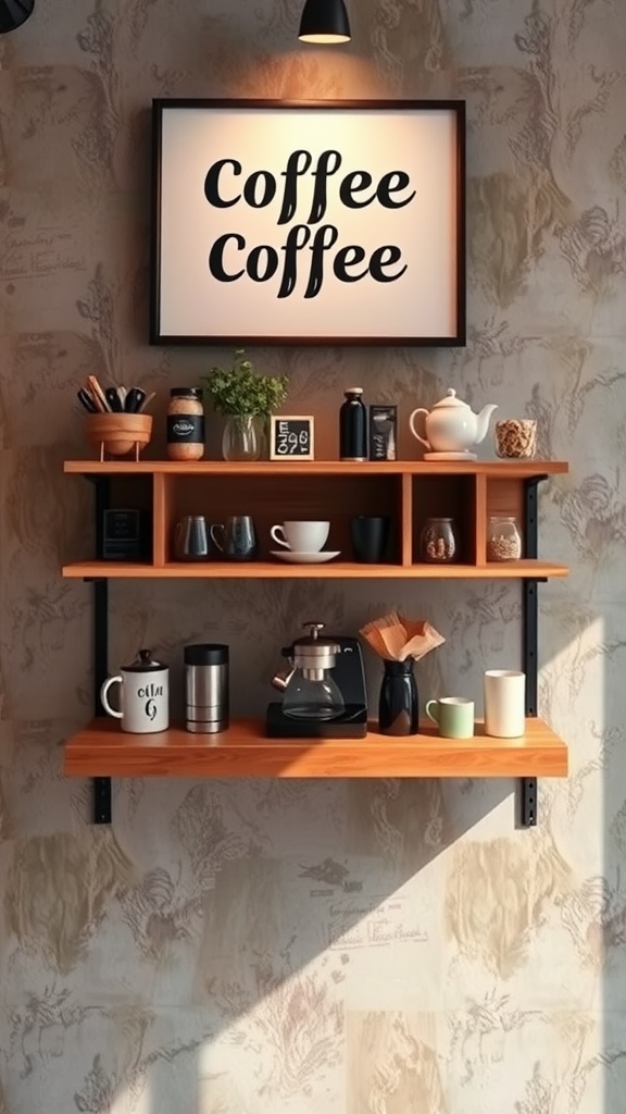 Coffee bar shelf with wall art that says 'Coffee Coffee' and various coffee items arranged on wooden shelves.