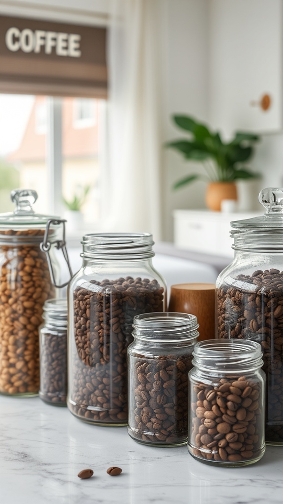 A collection of glass jars filled with coffee beans on a kitchen counter, with a plant in the background.
