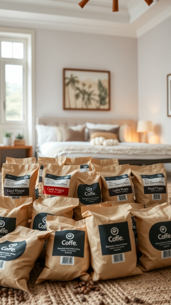 A collection of coffee bean bags arranged on a textured surface, showcasing various varieties for a home coffee station.