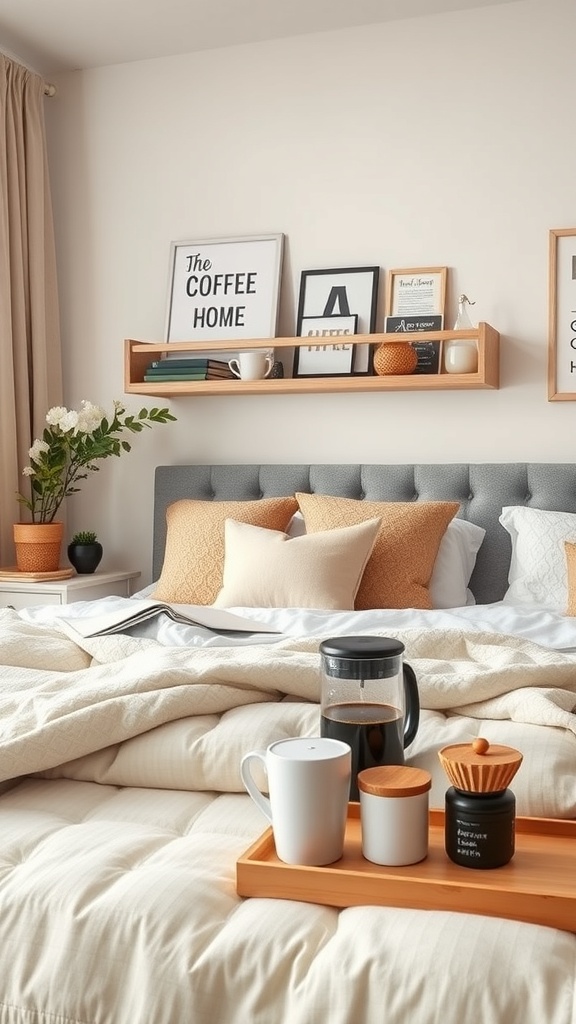 Cozy coffee bar setup on a bed with a French press, white mug, and decorative items.