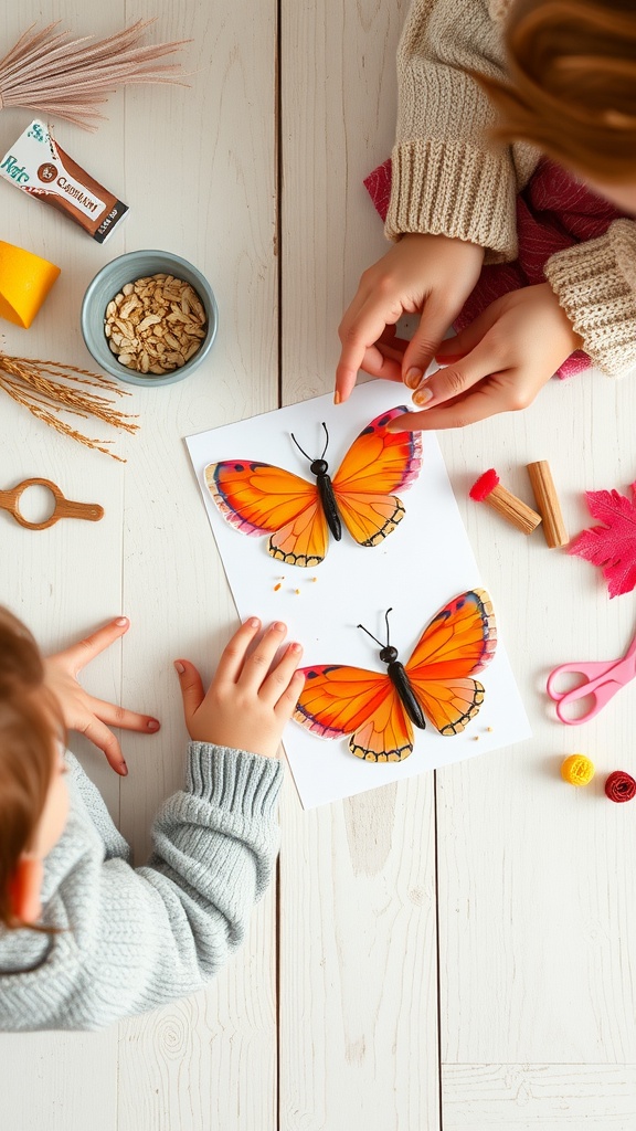 A child and adult working together on coffee filter butterflies, showcasing colorful designs and craft materials.