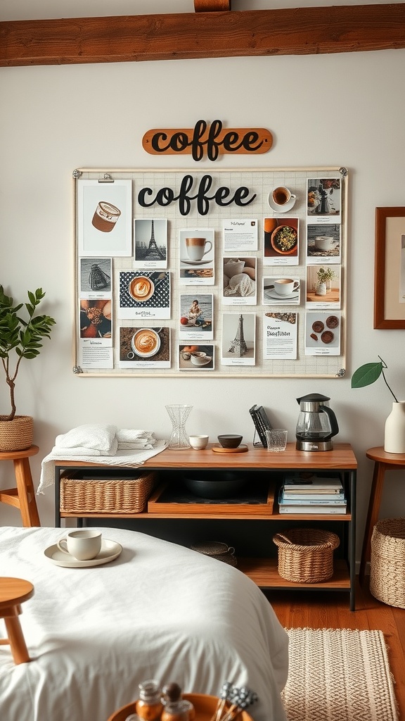A cozy coffee recipe inspiration board with various coffee images and a warm kitchen setup.