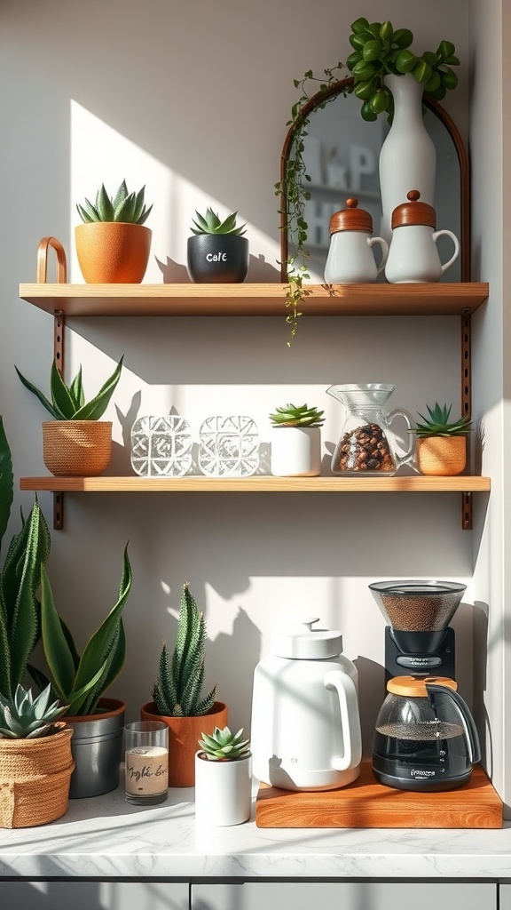 Coffee shelf featuring succulent plants, coffee pots, and a grinder.