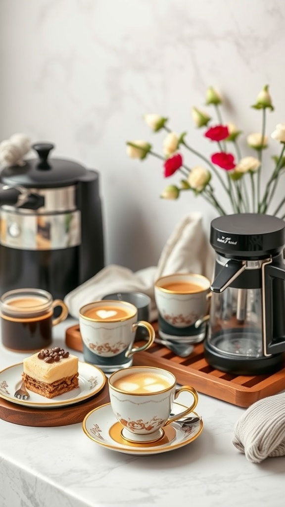 A stylish coffee station with elegant cups, a coffee maker, and a delicious dessert on a marble countertop.
