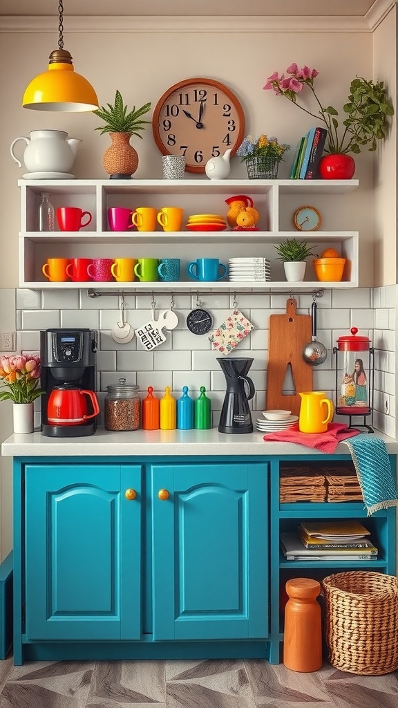 Colorful kitchen coffee station with bright mugs, plants, and a vibrant blue cabinet.