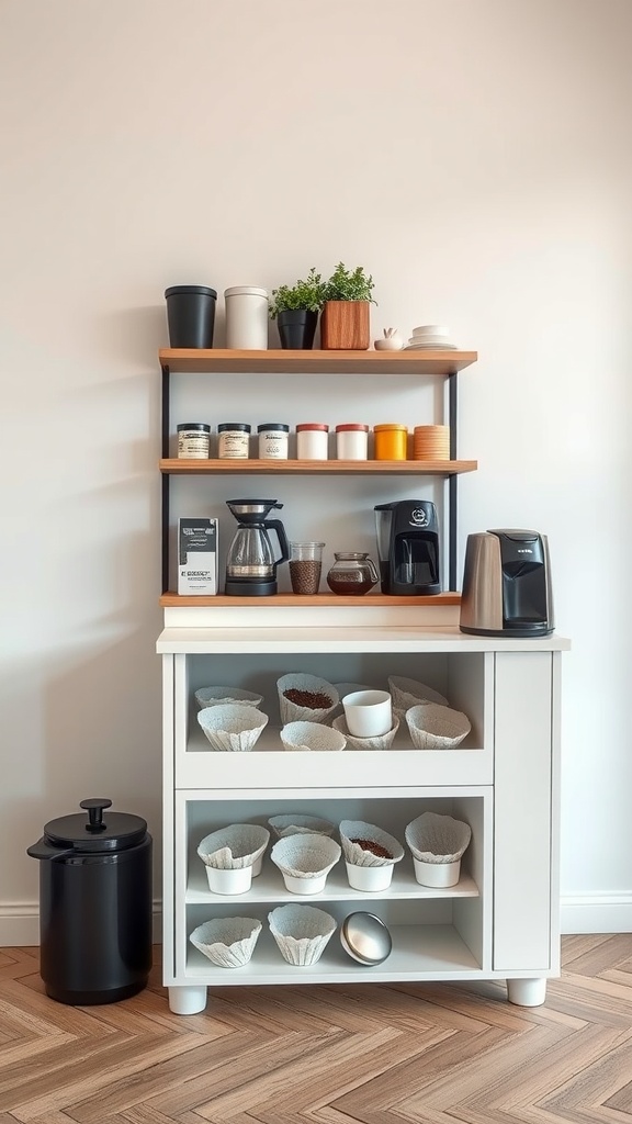 A neatly organized coffee station featuring a recycling shelf, coffee supplies, and a black trash can