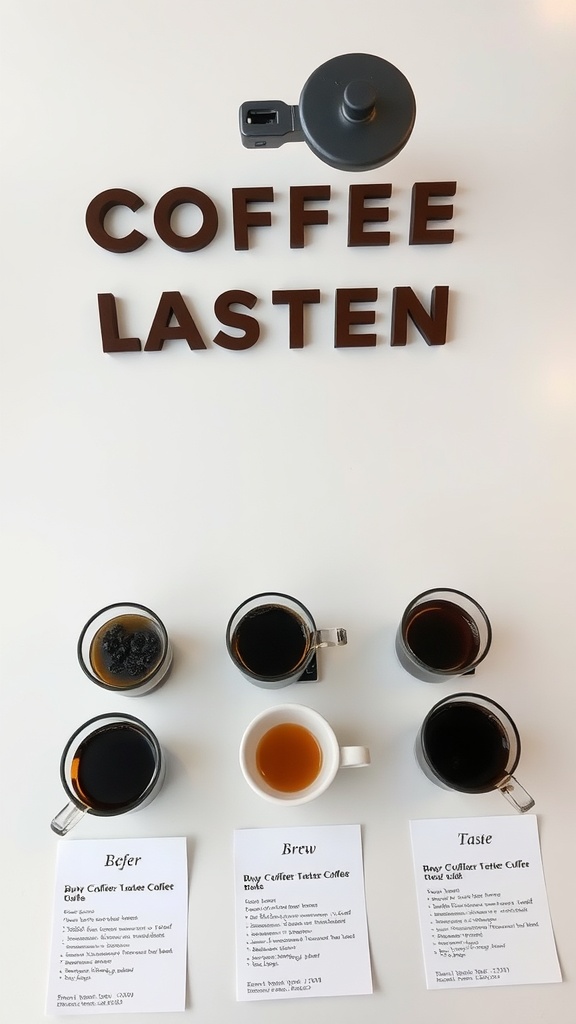 Coffee tasting station with different cups of coffee and tasting notes