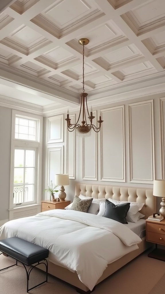 A spacious bedroom with a coffered ceiling, elegant chandelier, and neutral color palette.
