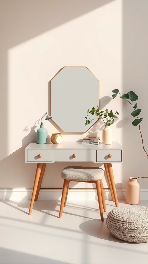 A modern dressing table with a minimalist design, featuring a mirror, potted plants, and decorative vases in soft pastel colors.