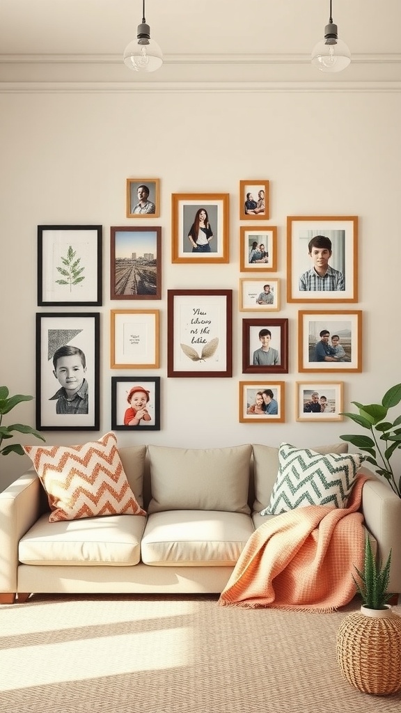 A stylish family picture wall with various framed photos and a cozy couch.
