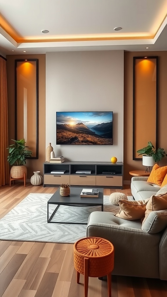 A stylish living room featuring a cohesive color palette with warm tones and modern decor.