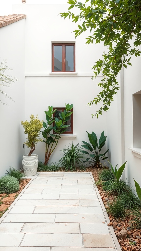 A modern minimalist small courtyard garden featuring a stone pathway, white walls, and various green plants.