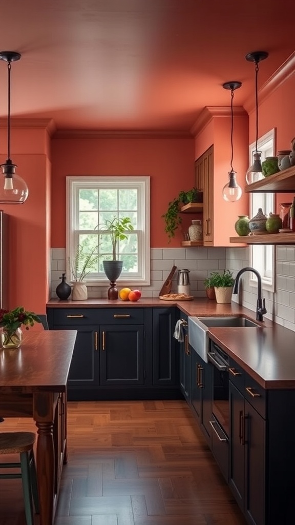 Stylish kitchen with coral walls and navy cabinets, featuring wooden elements and plants.