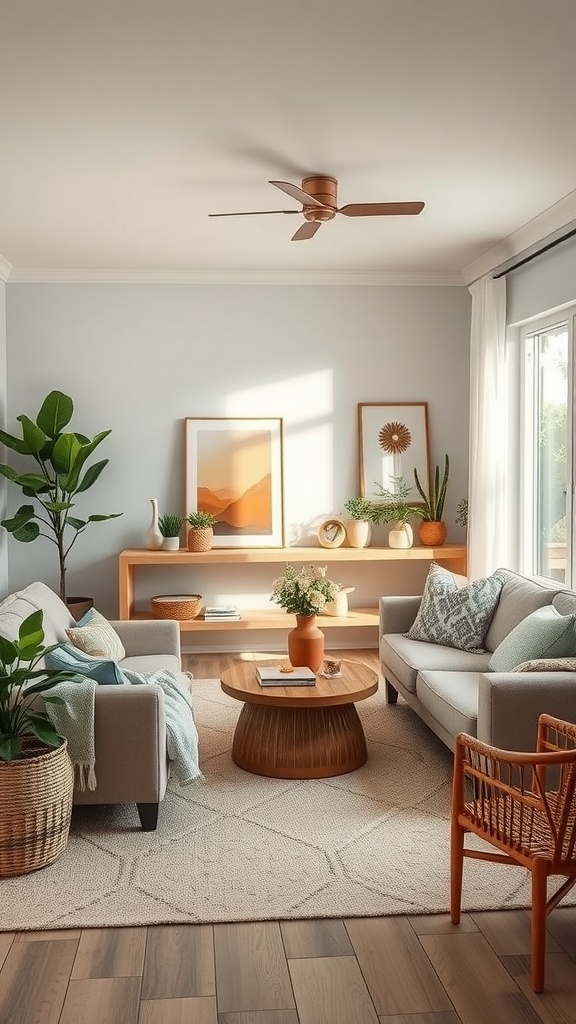 A cozy family room featuring light gray sofas, a wooden coffee table, plants, and wall art.