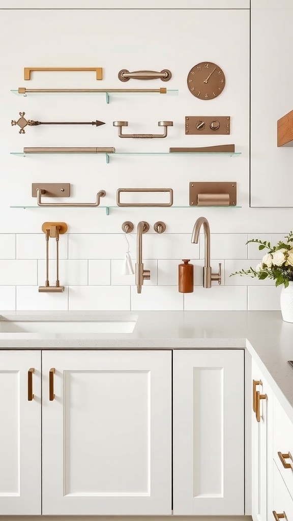 A collection of stylish kitchen hardware including handles and fixtures displayed on glass shelves against a white background.