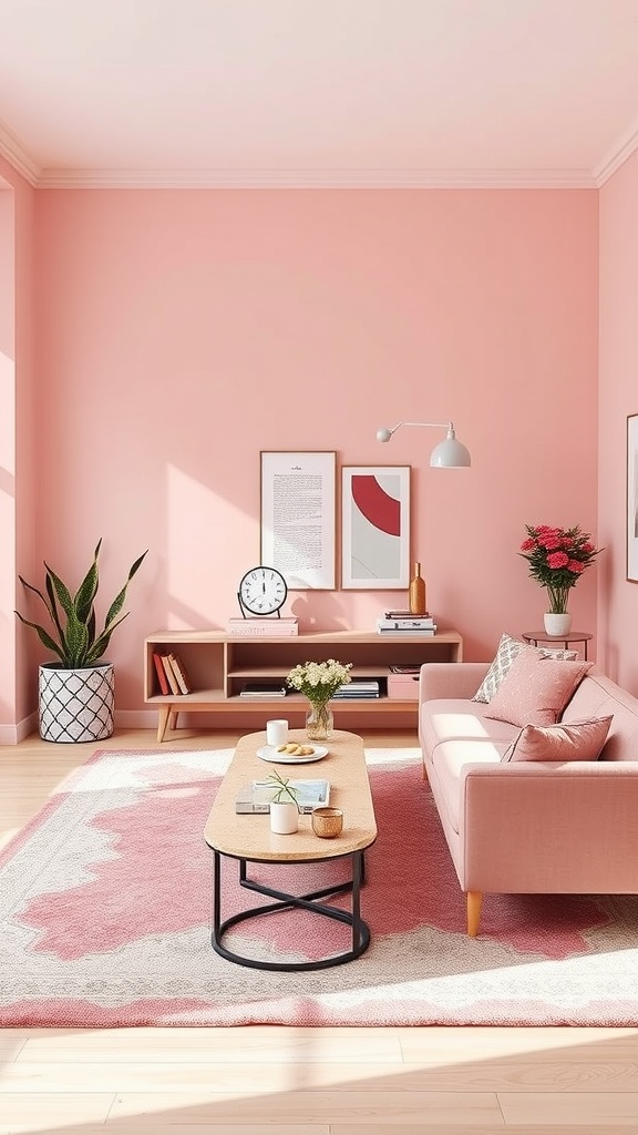 A modern pink living room with soft pink walls, a pink sofa, a stylish coffee table, and plants.