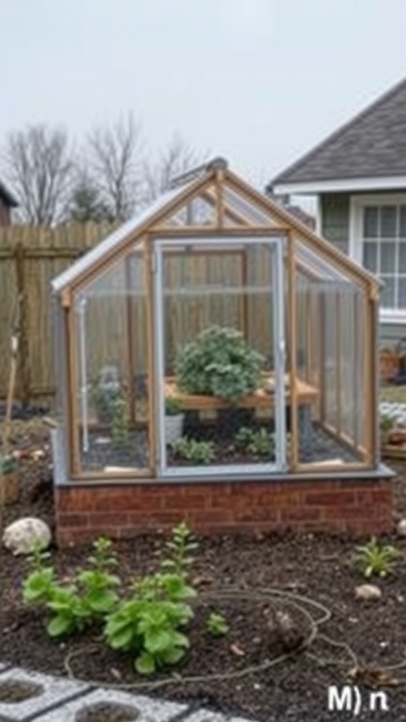 A cold frame greenhouse made of wood and glass, surrounded by soil and plants.