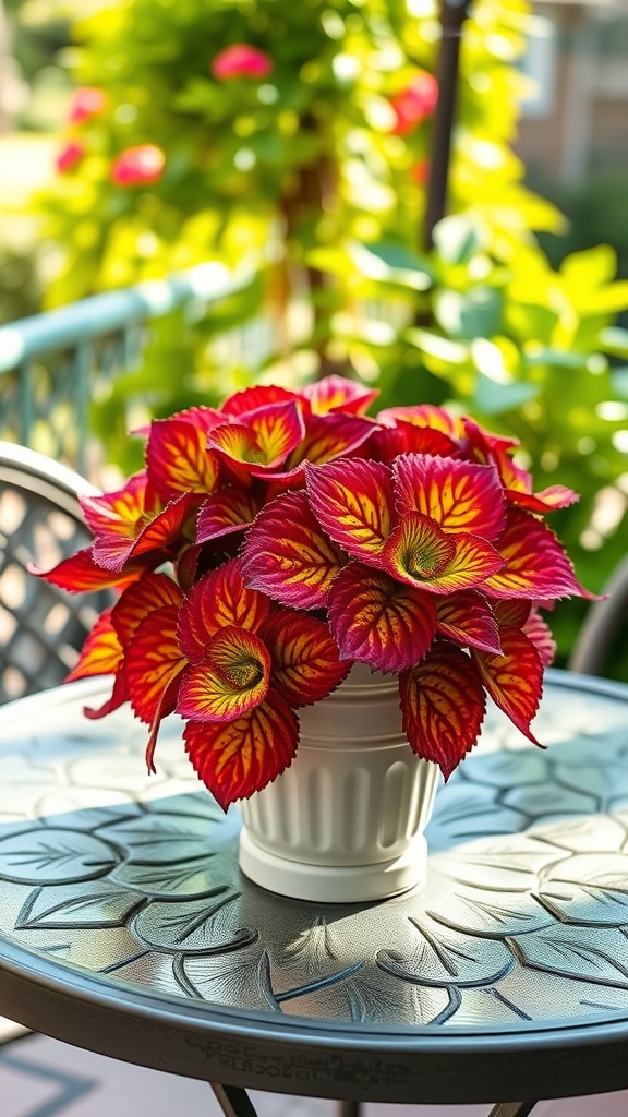 A vibrant pot of coleus plants with red and yellow leaves on a table
