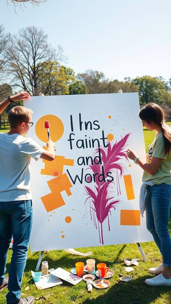 Two people painting together on a large canvas in a park, creating a collaborative art piece.